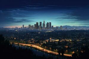 los angeles ciudad horizonte a noche, California, unido estados de America, los angeles a noche, ai generado foto