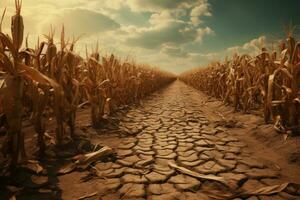 seco y agrietado maíz campo en el puesta de sol tiempo. concepto de sequía, sequía en un maizal, ai generado foto