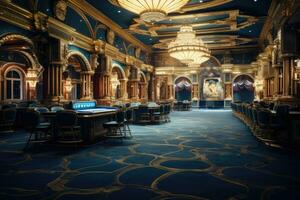 Luxury hotel interior, 3D rendering. Computer digital drawing, luxurious empty Casino, AI Generated photo