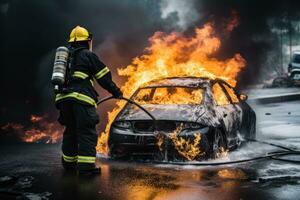 bomberos extinguir un fuego en un coche en un oscuro fondo, bombero utilizando agua y extintor a luchando con fuego fuego en accidente coche en el borde del camino camino, ai generado foto