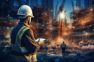 Engineer or architect working with digital tablet at construction site background, Double exposure of Engineer and Architect working with smart phone and digital tablet and building, AI Generated photo