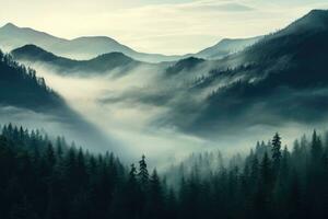 brumoso Mañana en el cárpato montañas, Ucrania, foto realista ilustración de montañas bosque niebla Mañana místico, ai generado