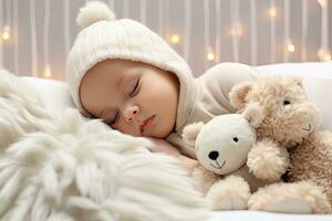 linda pequeño bebé dormido con osito de peluche osos en cama a hogar, recién nacido bebé dormido en un blanco cama, ai generado foto