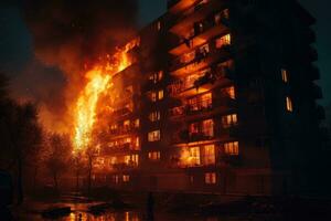 ardiente edificio a noche. fuego en el ciudad. ardiente edificio, noche fuego. Departamento es incendio, ai generado foto