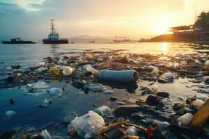 basura en el mar. contaminación de el ambiente concepto, pila de basura y residuos en el mar. contaminación de ambiente concepto, ai generado foto