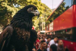 The Eagle is a bird of prey, Flamengo fans following their bus. Huge vulture, AI Generated photo