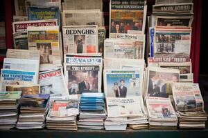 periódicos en el prensa quiosco, periódicos en un mercado puesto en Londres, Inglaterra, Reino Unido, ai generado foto