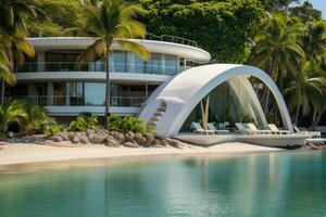 Luxury hotel on a tropical beach in Singapore, Photograph of large lagoon beach with minimalist architectural white slate beach house. A swooping rounded roof with glass paneling, AI Generated photo