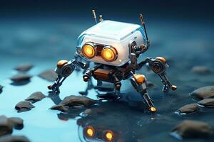 3D rendering of a little robot on a dark blue background, nano bot, AI Generated photo