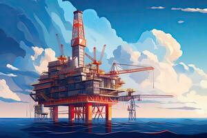 petróleo plataforma en el mar. vector ilustración de petróleo y gas industria, petróleo y gas industria antecedentes. petróleo y gas plataforma o plataforma para producción petróleo productos, ai generado foto