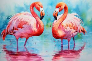 Two flamingos in the water, painted with watercolors, Flamingos watercolor painting, AI Generated photo