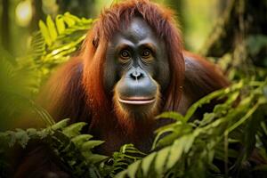 Orangutan in the rainforest of Sumatra, Indonesia, Orangutan Pongo pygmaeus in the rainforest of Sumatra, Indonesia, AI Generated photo