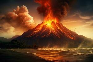 volcán erupción en el mar a puesta de sol. 3d representación, foto de el volcánico erupción krakatoa, ai generado