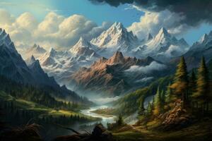fantasía paisaje con montaña lago y bosque. digital pintura ilustración, panorama de el montañas, ai generado foto