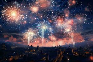 Fireworks over the roofs of the old city of Prague, Czech Republic, fireworks in the sky, AI Generated photo