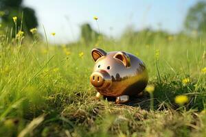 Piggy bank on green grass in sunny day, closeup, Piggy bank on the grass, AI Generated photo