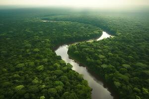 aéreo ver de el amazonas selva paisaje con río doblar. generativo ai foto