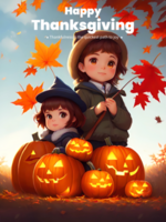 Thanksgiving Poster Template With Two Little Kids Pumpkins And Falling Autumn Leaves. Generative AI psd