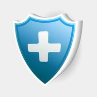 3d blue medical health protection shield with cross. Healthcare medicine protected steel guard concept symbol vector