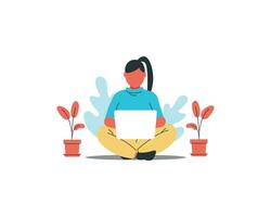 young woman sitting on the floor with a laptop in her hands. Flat vector illustration.