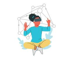 Young man wearing virtual reality goggles and sitting in lotus pose. Vector illustration