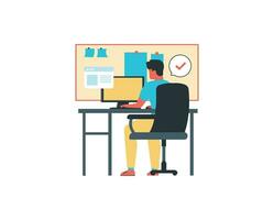 a young man working with desk and computer in the bedroom vector illustration design