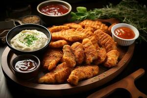 photos of chicken tenders in indoor photo studio AI Generated