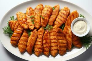 photos of chicken tenders in indoor photo studio AI Generated