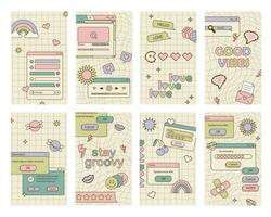 Cute nostalgic 90s retro vaporwave post and story template. Social media stories and posts with old computer aesthetic ui elements vector set. Illustration of retro groovy abstract interface