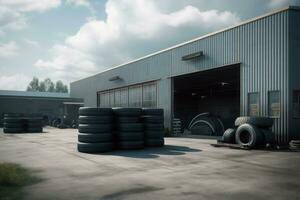Workshop rims tires warehouse. Generate Ai photo