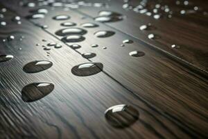 Wet drops on wooden floor at home. Generate Ai photo
