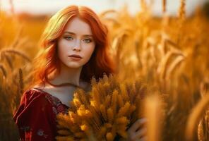 Red haired woman in wheat field portrait. Generate Ai photo