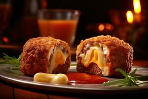 photos of cheesy beef rissole in indoor photo studio AI Generated