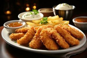 photos of chicken tenders in indoor photo studio AI Generated