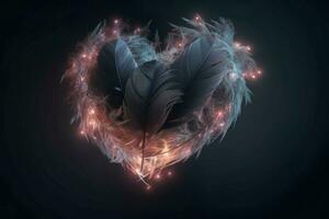Feather heart shape colorful glowing. Generate Ai photo