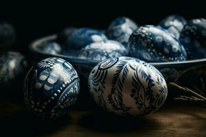 Gzhelian easter eggs on wooden table. Generate Ai photo