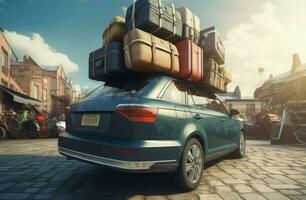 Many luggage on car roof at city street. Generate Ai photo