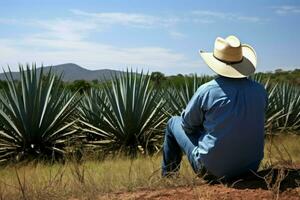 Man cowboy agave field desert. Generate Ai photo