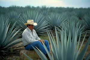 Man cowboy resting agave field. Generate Ai photo