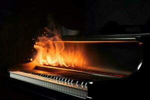 Burning piano instrument with red fire flames. Generate ai photo