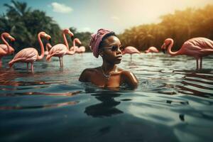 African American woman in water with flamingos. Generate ai photo