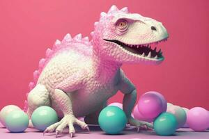 Pink dinosaur with colorful pastel balls. Generate ai photo