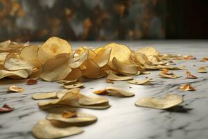 Chips potato snack scattered on table. Generate ai photo