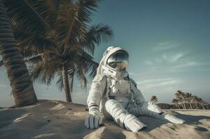 Astronaut in space suit sitting on the beach. Generate ai photo