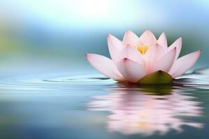 A floating lotus flower on the calm surface of a pond symbolizes the potential for transformation and spiritual growth through the practice of meditation and mindfulness. AI Generative photo