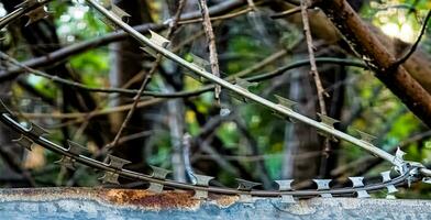 Close-up of steel barbed wire strung on a fence for security. The concept is not freedom. photo