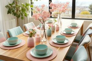 top view photos of table set in dining room AI Generated