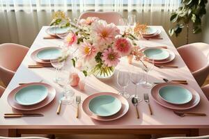 top view photos of table set in dining room AI Generated