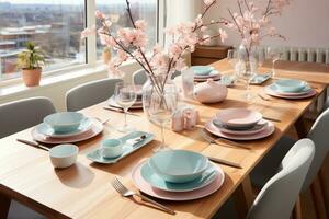 top view photos of table set in dining room AI Generated