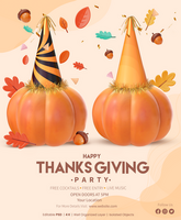 Thanksgiving Poster Template With 3D Rendering Two Pumpkins With Party Hat And Falling Autumn leaves psd